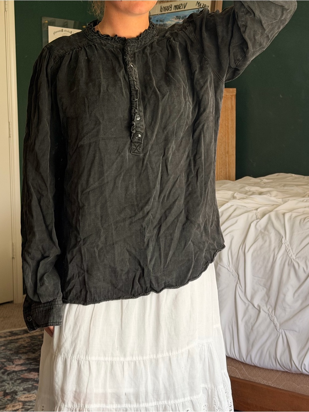 Women's Black Long-Sleeve Ruffle Henley Top